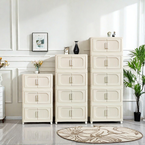 Cream White,19.69" Side Wide Folding Storage Cabinet ,4 Tiers,19.69"×11.81"×40.55",Collapsible Storage Bins with Magnetic Door, Plastic Storage Cabinet with Wheels