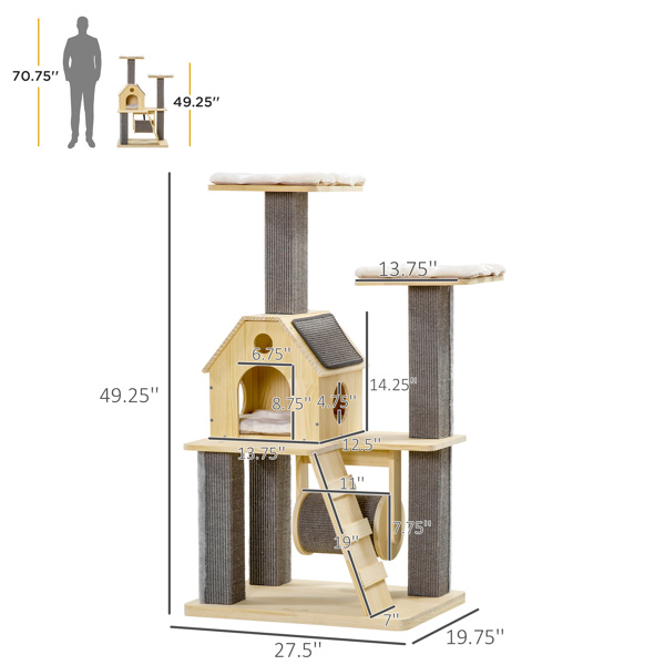 Cat Tree for Indoor Cats with Pillow-Covered Perches, Spinning Toy, Modern Climbing Activity Cat Tower with Scratching Posts, Cat Condo, Ladder, Natural