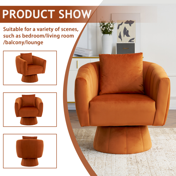 360° Swivel Accent Chair, Modern Velvet Fabric Living Room Armchair with Fluffy Cushions, Comfy Wide Upholstered, Barrel Accent Chairs for Living Room, Bedroom, Lounge, Office Burnt orange