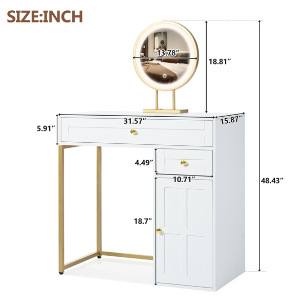 31.5'' Makeup Vanity Desk with Lighted Mirror, Luxury Dressing Table with 2 Drawers and 1 Cabinet, 3 Lighting Modes Available for Bedroom, White-ld（stool not included）