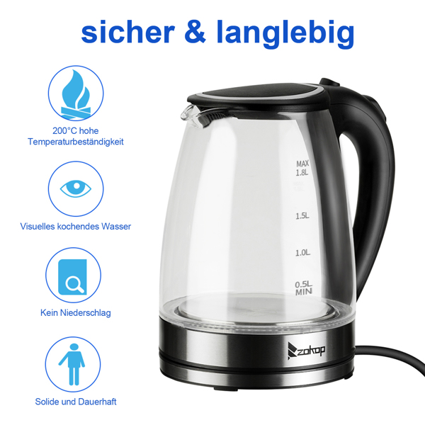 ZOKOP HD-1857-A 220V 2200W 1.8L Electric Glass Kettle EU Plug