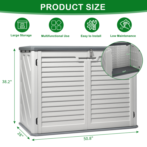  Outdoor Storage Shed, 34 Cu Ft Horizontal Outdoor Storage Cabinet, Lockable Outdoor Storage Box for Garbage Cans, Lawn Mower and Tools, Grey & White