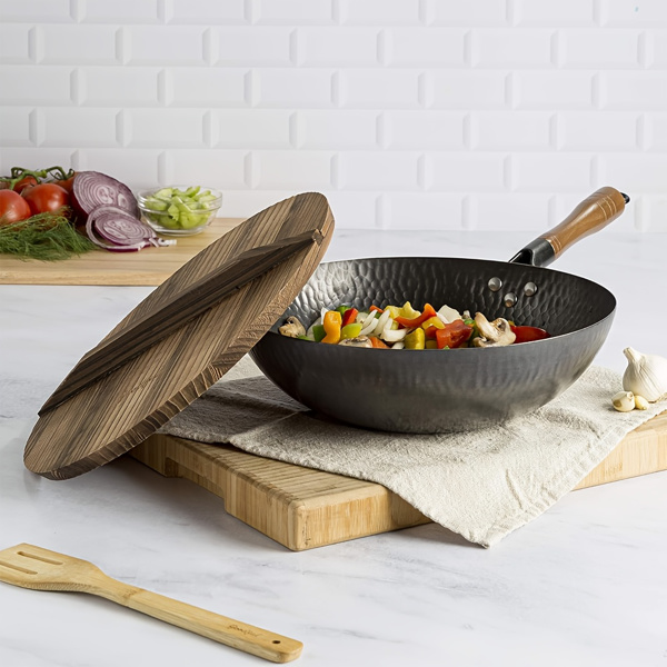 Hammered Carbon Steel 12.5-Inch Wok Pan with Lid, Black, Non-Stick, Compatible with Most Cooktops