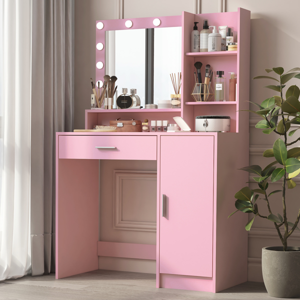 Vanity Desk with Mirror & Light, Large Drawer Three Level Storage Dresser, 3 Lighting Modes Adjustable Brightness, Bedroom Dressing Table(Pink)