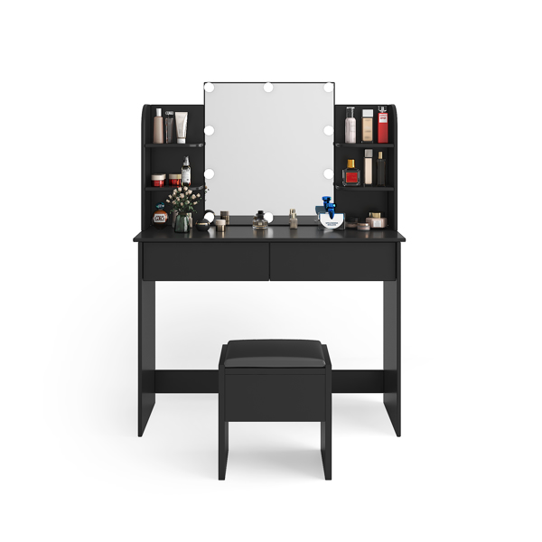 Modern Dressing table with 2 Drawers, 4 open shelves Rectangular Makeup Table with Mirror, 10-lamp bulb,,42.52*15.75* 52.76inch,for Bedroom, Black