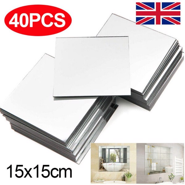 40X Glass Mirror Tiles Wall Sticker Square Self Adhesive Stick On Home Set DIY S