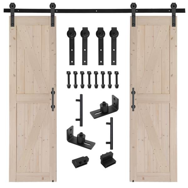 48 in. x 84 in. Unfinished Sliding Double Barn Door with 8FT Barn Door Hardware Kit & Handle ，K Frame，Solid Spruce Wood，Requires Simple DIY Assembly