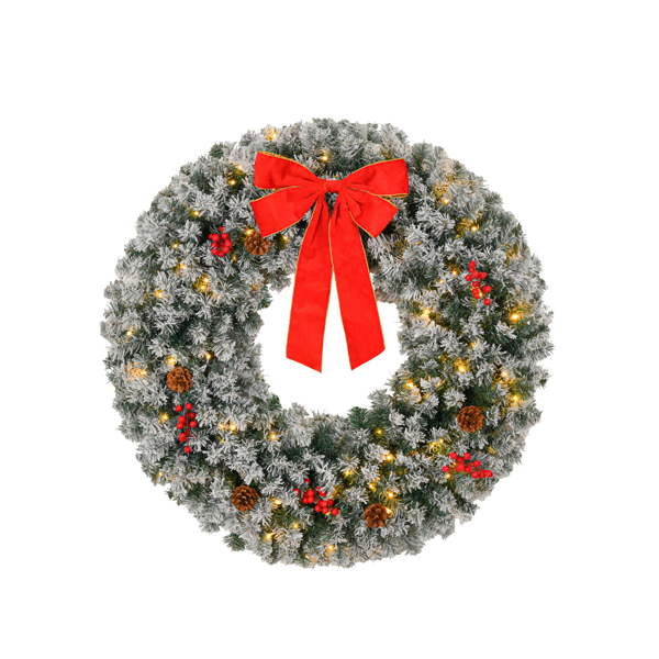 24in Pre-lit Battery Powered Christmas Wreath with Remote, Lighted Snow Flocked Artificial Xmas Wreath with 50 Warm Lights and 180 PVC Tips and Ornaments, for Front Door Gate Wall Party Deco