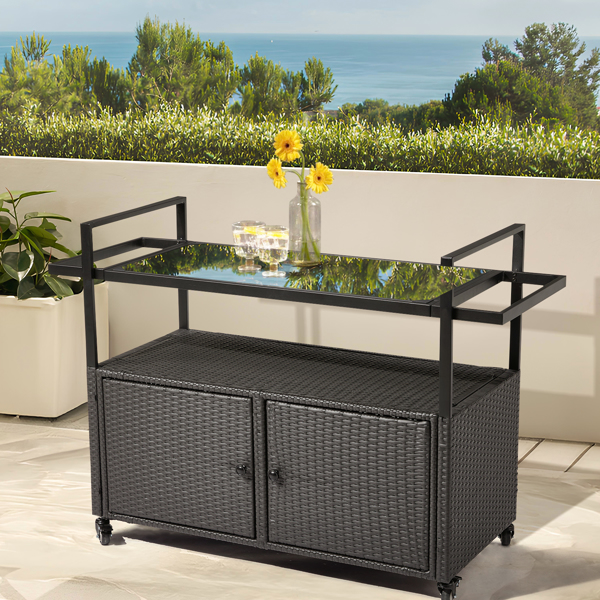 Outdoor Bar Cart Table, Large Wicker Island Rolling Cart, Wheeled Buffet Serving Cart with Glass Top & Storage Cabinet & Handles for Porch Backyard Garden Poolside, Black