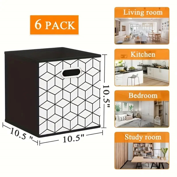 Fabric storage cube storage box, 6-piece set, strong polyester fabric, particleboard side, buckle front handle, stackable and foldable, classic design