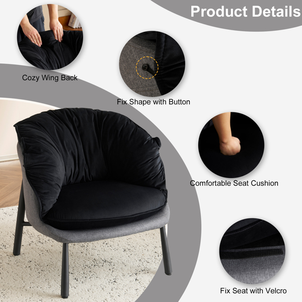 Velvet Accent Chair Barrel Chair with Metal Legs Modern Comfy Armchair Accent Reading Chair for Living Room, Bedroom, Study Room, Home Office Black