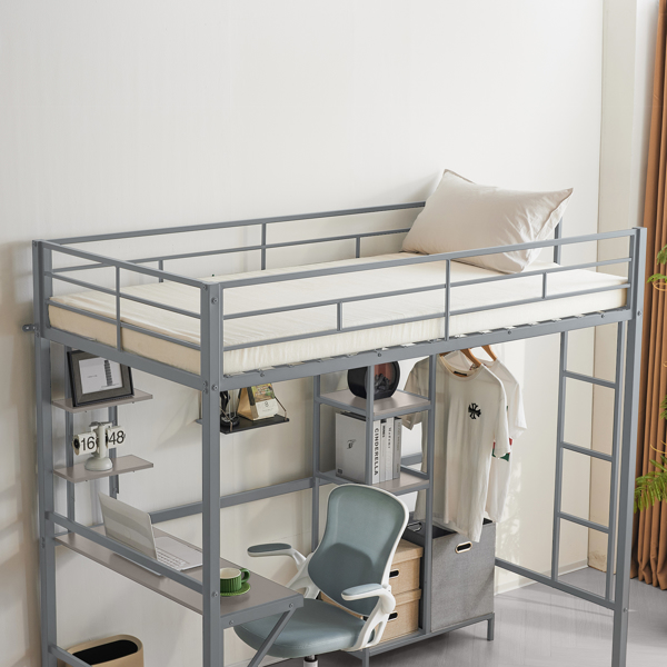 Twin Size Metal Loft Bed with Desk and Storage Shelves, Full-length Guardrails, Loft Bed Frame for Teens Juniors Adults, Noise Free, No Box Spring Needed, Grey