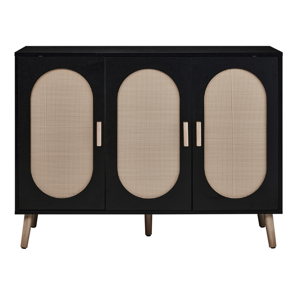 FCH 3-door vertical shoe cabinet particle board + plastic rattan black frame + original wood rattan surface + gold high feet