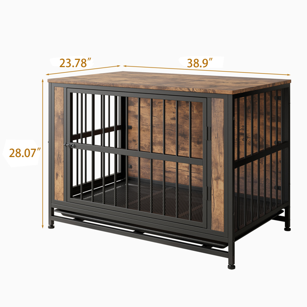 Dog Crate Furniture,  Wooden Dog Crate Table, 38.9" Dog Kennel with 2 Sliding Doors and Thick Iron Door Frame, Decorative Pet Crate House for Large/Medium/Small Dog Indoor Use(Rustic Brown)