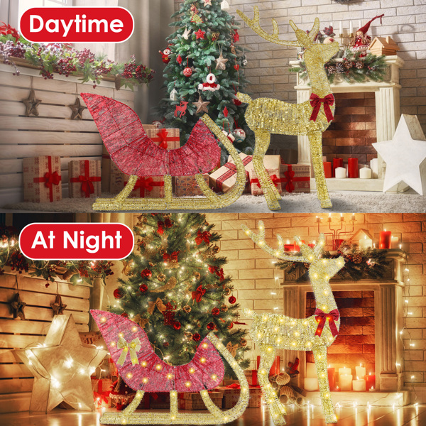 Lighted Christmas Reindeer & Sleigh Indoor Outdoor Christmas Decoration Christmas Lighted Display with 8 Lighting Modes