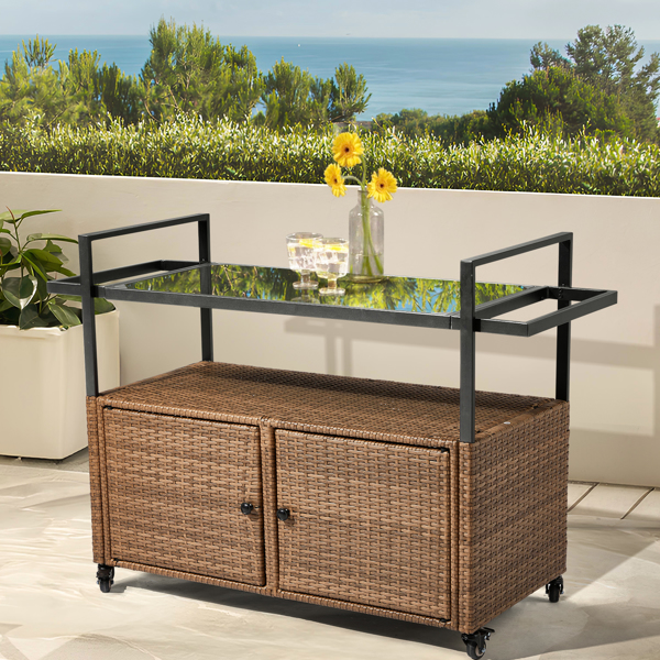 Outdoor Bar Cart Table, Large Wicker Island Rolling Cart, Wheeled Buffet Serving Cart with Glass Top & Storage Cabinet & Handles for Porch Backyard Garden Poolside, Light Brown