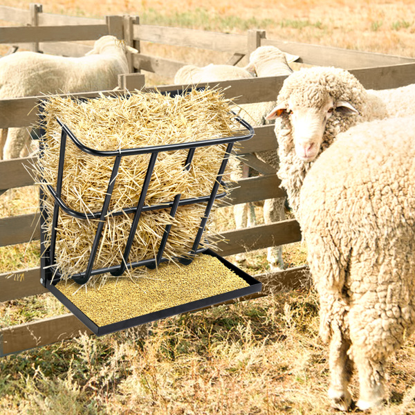 Large Capacity Hay Feeder with Detachable Grain Tray, Heavy Duty Steel 2 in 1 Hay Rack, Multiple Sided Goat Feeding Rack for Sheep Farm Livestock Indoor Outdoor, Black