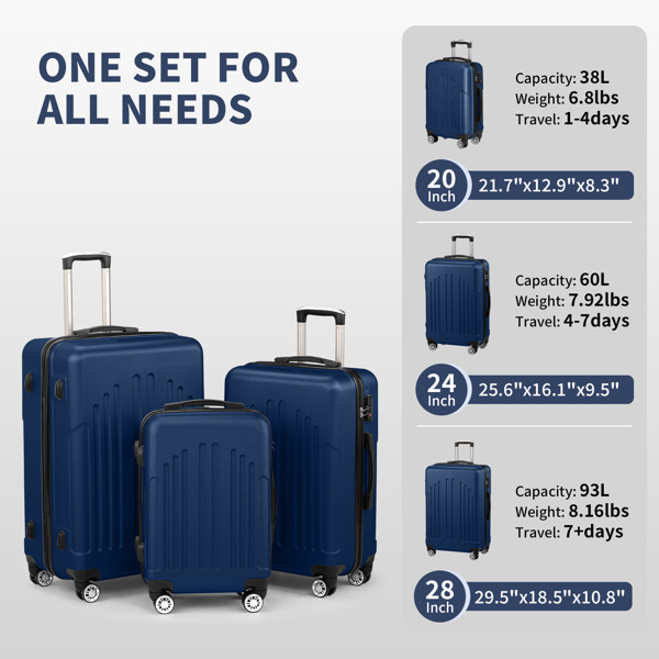 Luggage Set of 3, ABS+PC Hardside Suitcase Sets with TSA Lock 4 Spinner Wheels, Lightweight Trolley Travel Case for Carry On Check-in Business Trip, 20" 24" 28"