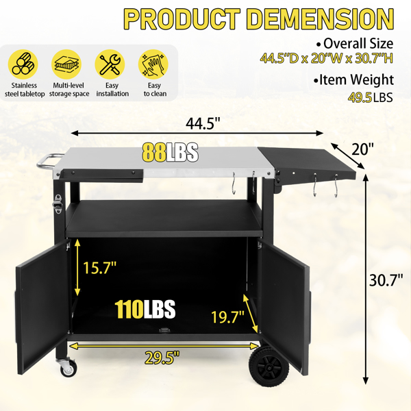 Outdoor Grill Cart with Storage, Rolling Bar Cart Movable Kitchen Island for BBQ, Patio Dining Cart Table for Food Prep with Wheels Hooks Foldable Top