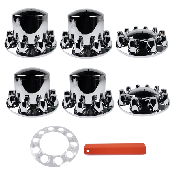 Chrome Hub Caps Kit Front & Rear w/33mm Lug Nut for Semi Truck Wheel Axle Covers