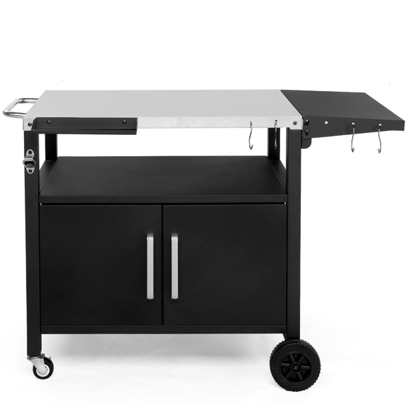 Outdoor Grill Cart with Storage, Rolling Bar Cart Movable Kitchen Island for BBQ, Patio Dining Cart Table for Food Prep with Wheels Hooks Foldable Top