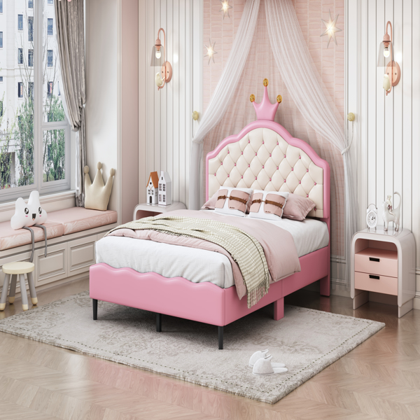 Full Size Lovely Crown Fantasy PU Leather Princess Bed with Tufted Headboard, Pink+Cream