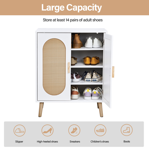 FCH 2-door vertical shoe cabinet particle board + plastic rattan white frame + original wood rattan surface + gold high feet