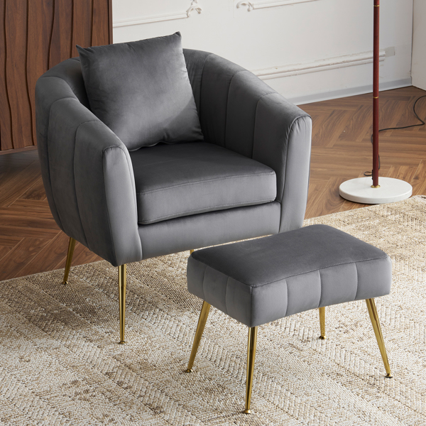 Velvet Accent Chair Set Barrel Chair with Ottoman Modern Club Chair Reading Armchair with Lumbar Pillow for Living Room, Bedroom, Study Room, Home Office Gray