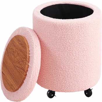 Storage Ottoman Foot Rest Round Footstool Teddy Velvet Footrest Multifunctional Rolling Stool Coffee Table Ottoman with Wheels Vanity Stool for Makeup Room Living Room Bedroom Pink