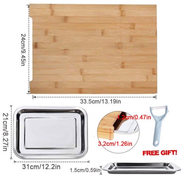 Bamboo Wooden Chopping Board Cutting Slicing + Sliding Stainless Steel Tray