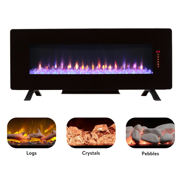 48 inch Curved Front Wall Mounted Electric Fireplace with remote and multi color flame & emberbed