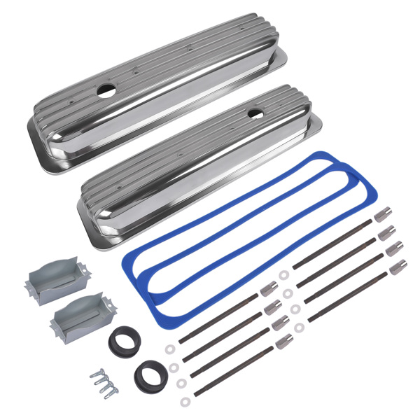 Polished Short Finned Center Bolt Valve Covers w/ Gasket For SBC 1987-1997 Small Block Chevy 5.0L 5.7L 305 350 Engines