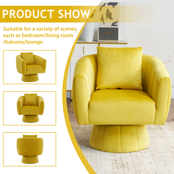 360° Swivel Accent Chair, Modern Velvet Fabric Living Room Armchair with Fluffy Cushions, Comfy Wide Upholstered, Barrel Accent Chairs for Living Room, Bedroom, Lounge, Office Yellow