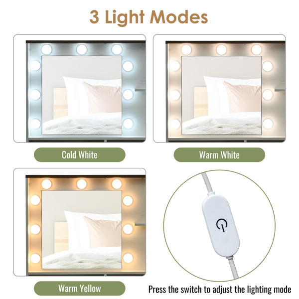 农舍化妆梳妆台，带镜子和灯，3 种照明模式，梳妆台套装带凳子，梳妆台带可调节搁板，2 个抽屉和卧室侧柜，白色-7