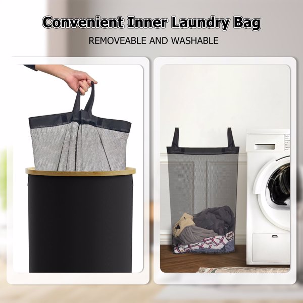 Round Laundry Basket with lid, Collapsible Laundry Hamper with Bamboo Handle, Dirty Clothes Hampers with Removable Laundry Bag Black (FBA)