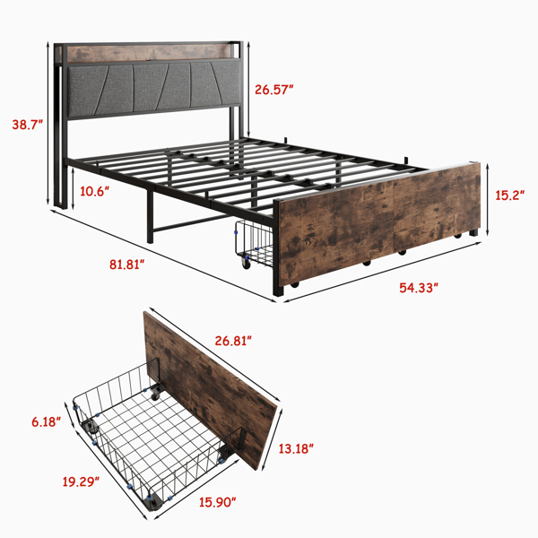 Full Size Bed Frame, Storage Headboard with Charging Station and 2 Storage Drawers,Vintage Brown and Gray