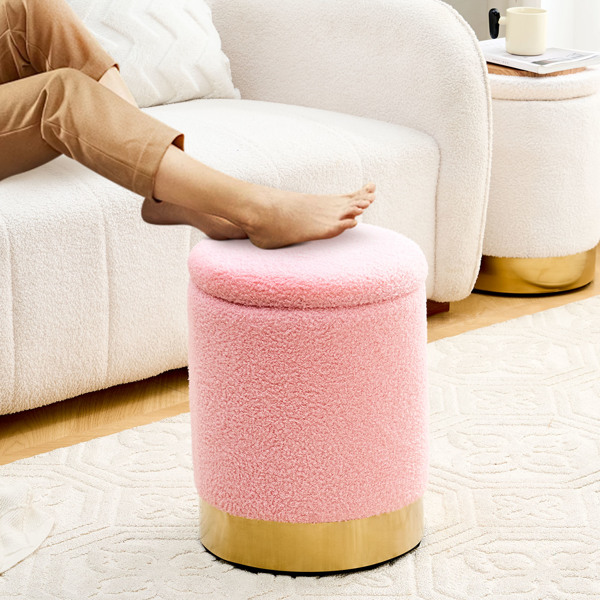 Teddy Velvet Storage Ottoman Multipurpose Footrest Stool with Metal Base Modern Round Vanity Stool Chair Ottoman Foot Stools Support 300lbs Padded Seat for Living Room & Bedroom Pink