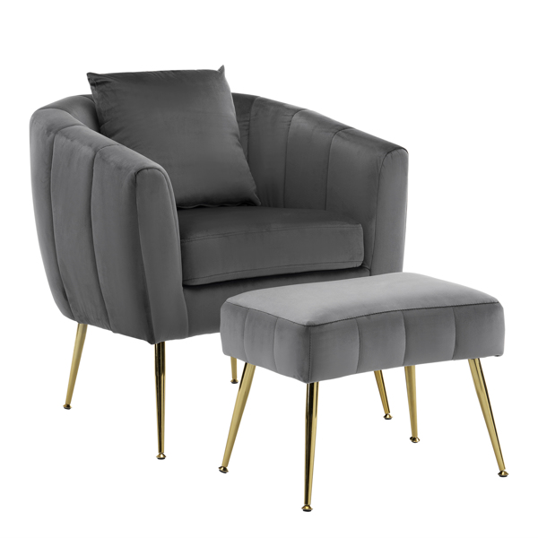 Velvet Accent Chair Set Barrel Chair with Ottoman Modern Club Chair Reading Armchair with Lumbar Pillow for Living Room, Bedroom, Study Room, Home Office Gray