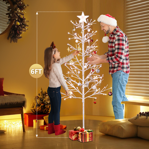 6ft With Stars On The Top, Snowy Fir Shape, Plastic Material, 132 Lights, Warm White Two-Color 8 Modes With Remote Control, 132 Branches, Indoor Tree Lights,White