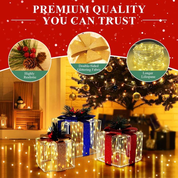  LED Christmas Decoration Present Boxes, Set of 3 Christmas Lighted Gift Boxes Include 33 Feet Fairy Lights, Holiday Decor for Xmas Tree Indoor Outdoor (Blue Red Gold, M)