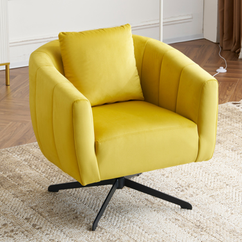 360° Swivel Accent Chair, Modern Velvet Fabric Living Room Armchair, Comfy Wide Upholstered with Fluffy Cushion and Metal Legs, Barrel Chairs for Living Room, Lounge, Office Yellow