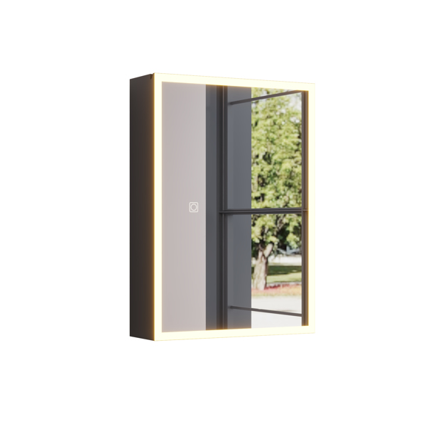 FCH Black Particleboard Acrylic Frame 71*50.8*15cm 1 Door 2 Shelves LED Mirror Cabinet Three Color Tones Adjustable Brightness Power-off Memory Universal for Left and Right Doors