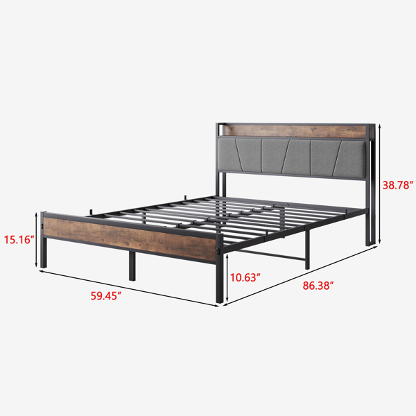 Queen Size Bed Frame, Storage Headboard with Charging Station, Solid and Stable, Noise Free, No Box Spring Needed, Easy Assembly, Vintage Brown and Gray