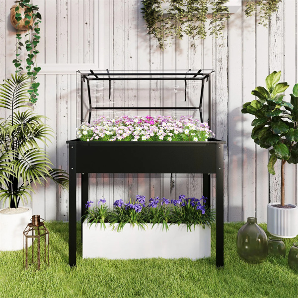 Black mini greenhouse with raised garden bed