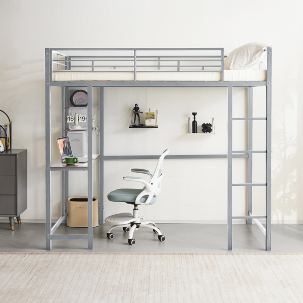 Twin Size Metal Loft Bed with Desk and Storage Shelves, 2 Built-in Ladders & Guardrails, Loft Bed Frame for Teens Juniors Adults, Noise Free, No Box Spring Needed, Grey