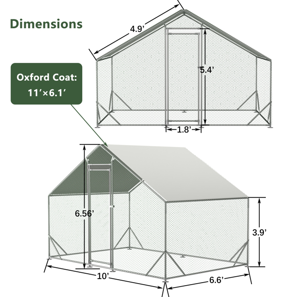 Large Metal Chicken Coop, Walk-in Chicken Run,Galvanized Wire Poultry Chicken Hen Pen Cage, Rabbits Duck Cages with Waterproof and Anti-Ultraviolet Cover for Outside(10' L x 6.6' W x 6.56' H)