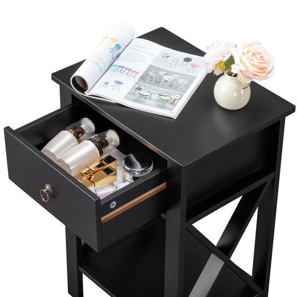 2PCS Side Intersection Style Bedside Table Coffee Table with Two-layer Drawer Black