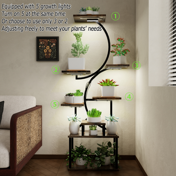 8-Tiered Indoor Plant Stand with 5 Grow Lights, 10-Level Stepless Dimming, Durable Thickened Metal Steel Pipe (0.8mm) for Living Room, Garden