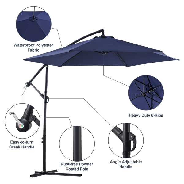 10ft Cantilever Patio Umbrella, Offset Hanging Outdoor Table Umbrella with Tilt Crank, 6 Sturdy Ribs, UV 50+ Protection Sun Shade for Market, Garden, Backyard & Pool Blue