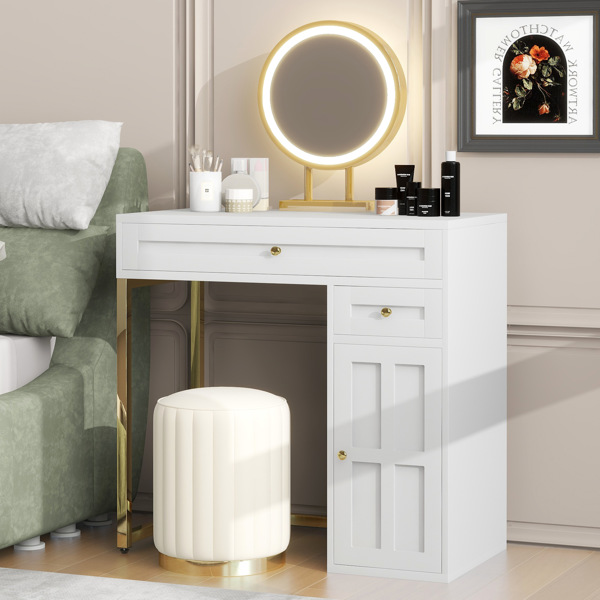 31.5'' Makeup Vanity Desk with Lighted Mirror, Luxury Dressing Table with 2 Drawers and 1 Cabinet, 3 Lighting Modes Available for Bedroom, White-ld（stool not included）